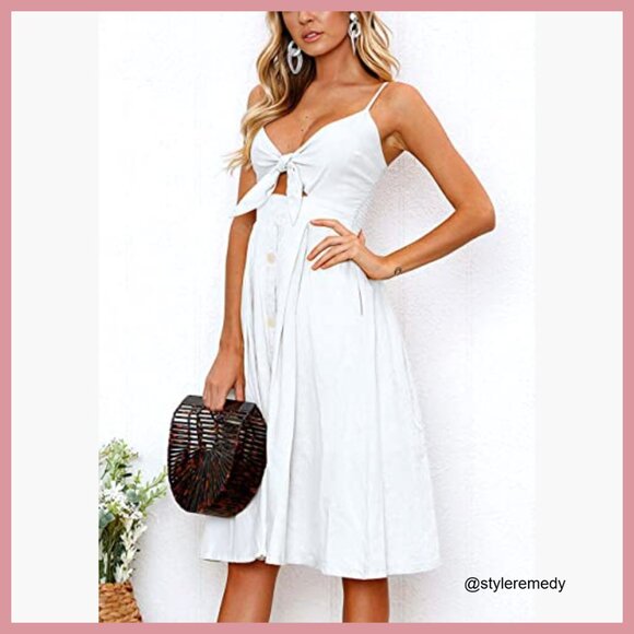 Cotton Blend Tie Front A-Line Midi Dress Spaghetti Strap - Picture 2 of 7